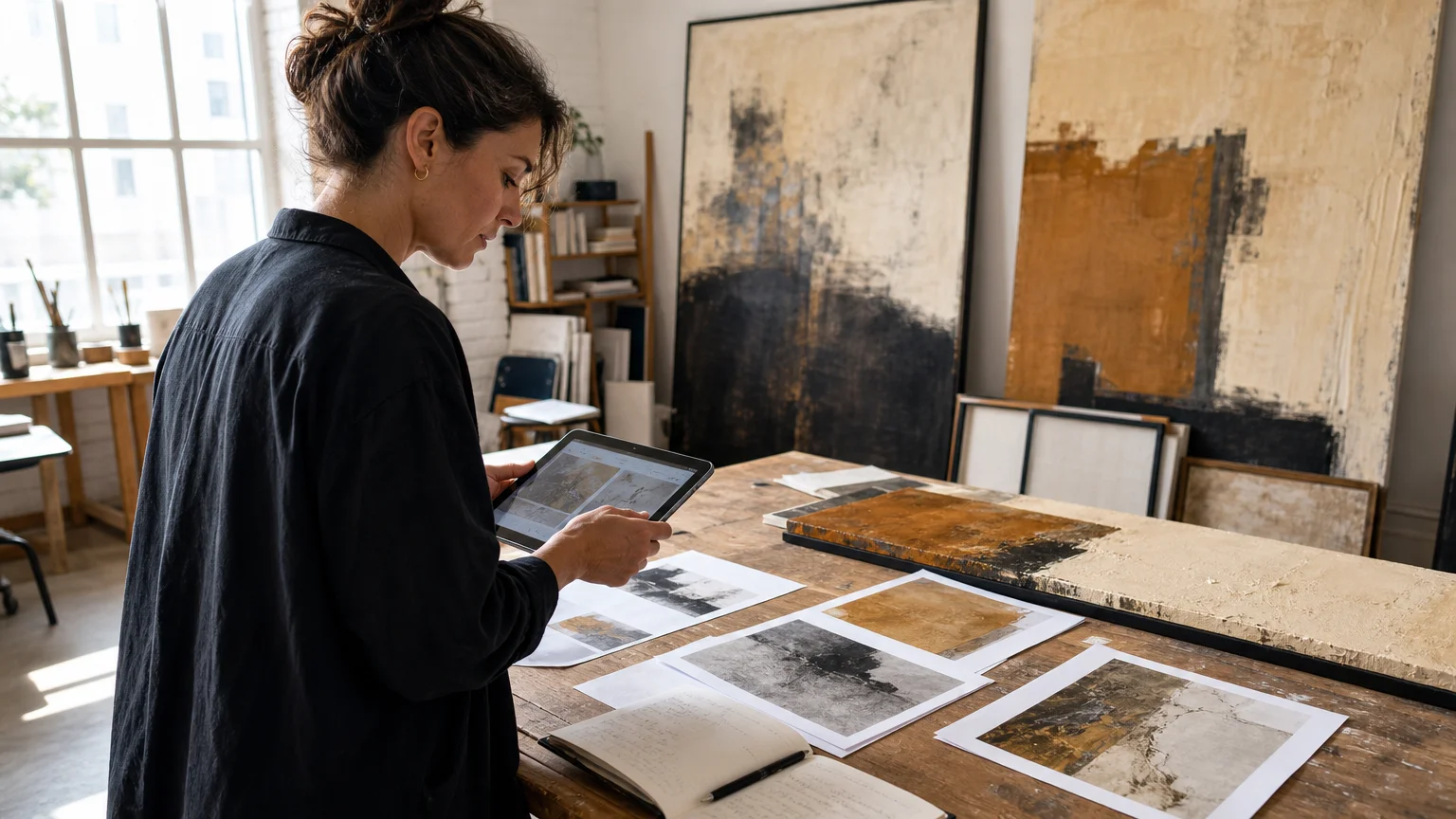 Artist reviewing original paintings and artwork details in a bright studio
