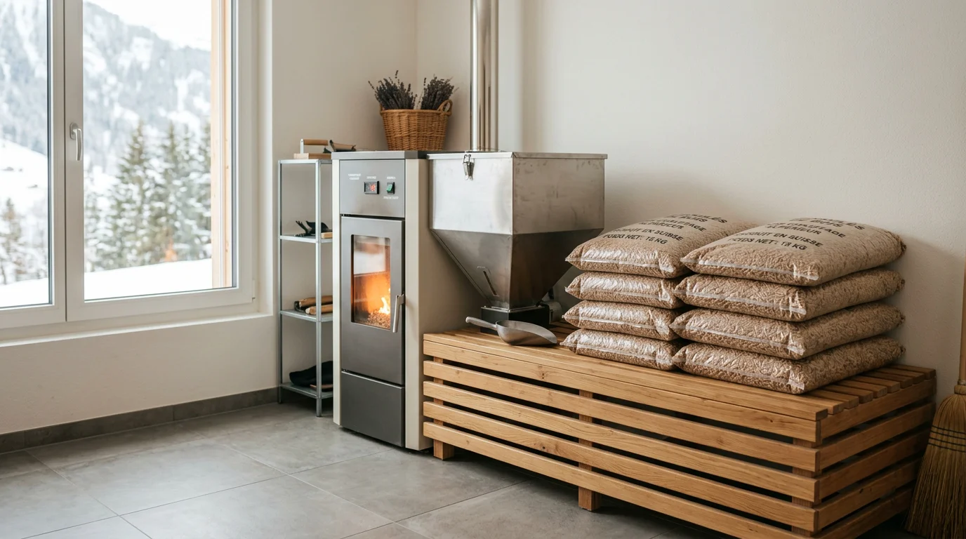 Sacs de granulés de bois stockés près d'un système de chauffage