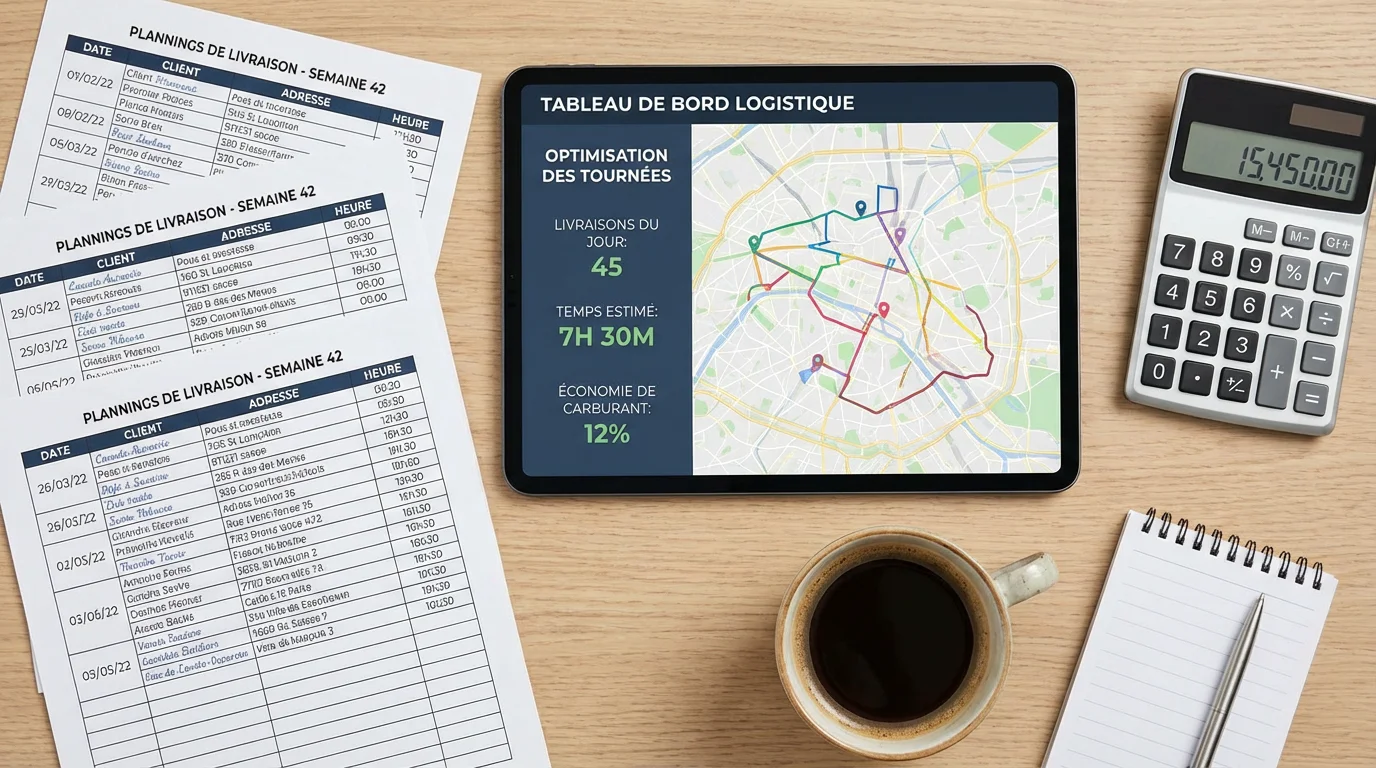 Logistics manager's desk with tablet showing a route optimization dashboard