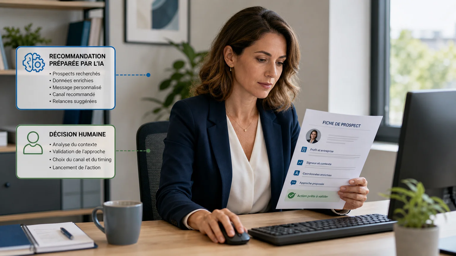 Commerciale validant une action de prospection préparée par un outil