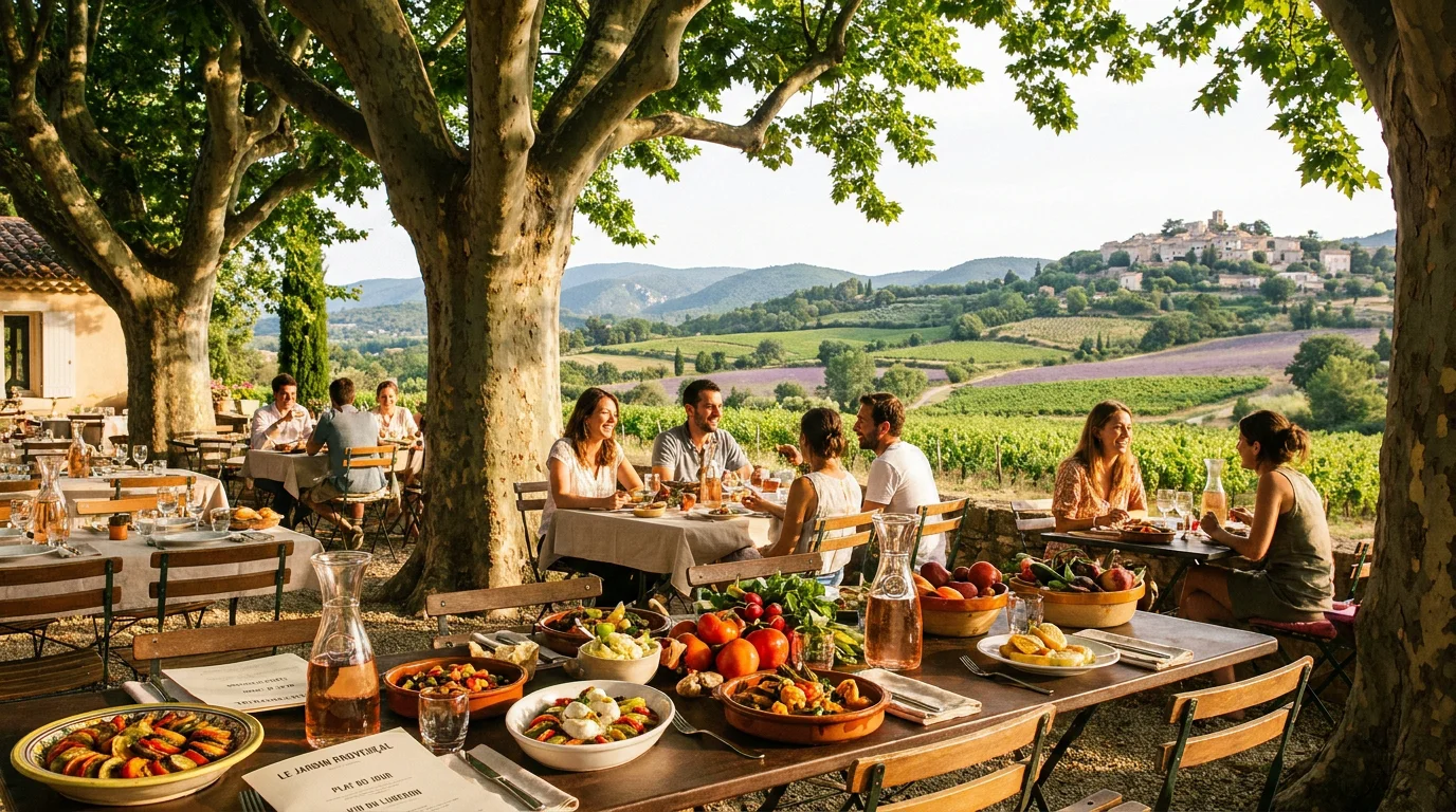 Terrasse ombragée d'un restaurant provençal à Coustellet avec vue sur le Luberon