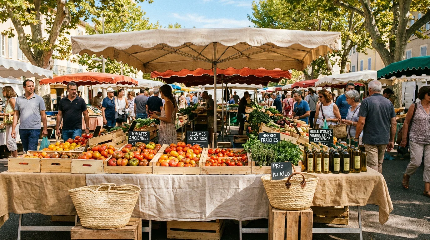 Marché paysan de Coustellet avec légumes de saison et produits provençaux