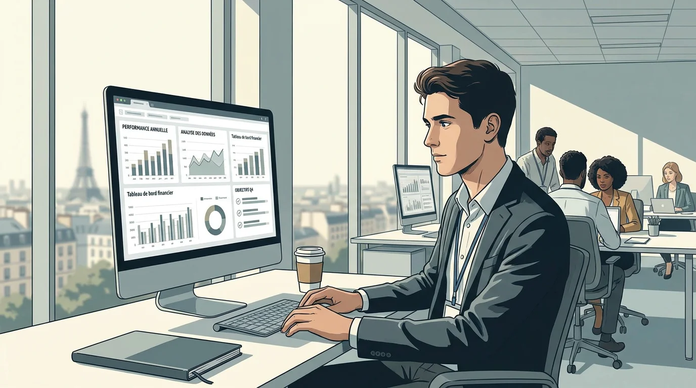 Stagiaire en contrôle de gestion analysant des tableaux de bord financiers sur écran