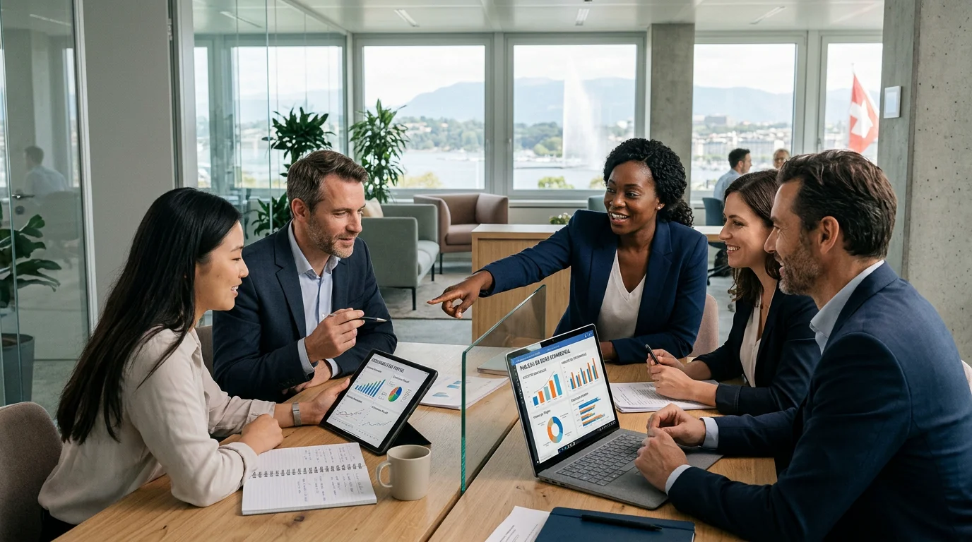 Équipe d'une PME analysant un tableau de bord ERP sur ordinateur
