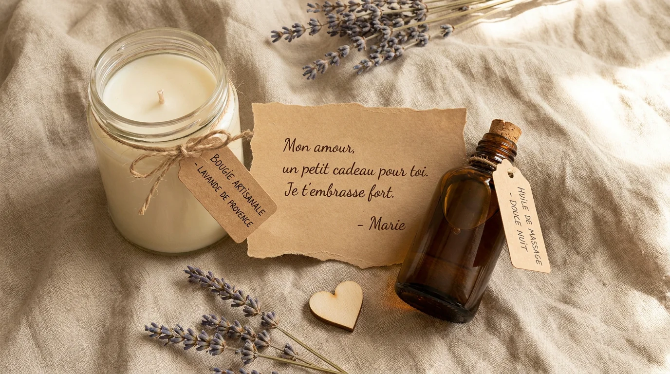 Mise en scène d'un cadeau attentionné avec bougie, huile de massage et mot d'amour