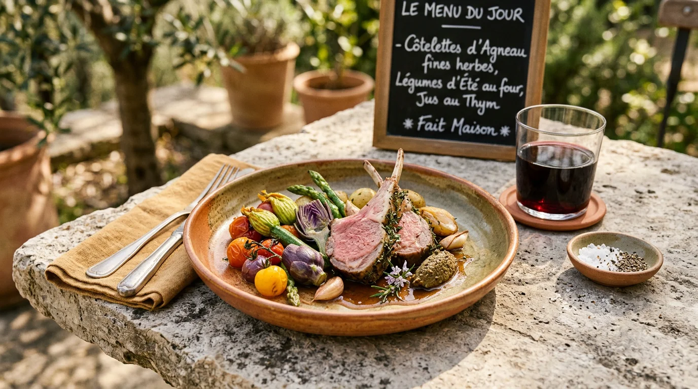 Assiette gastronomique provençale aux produits de saison sur une table en pierre