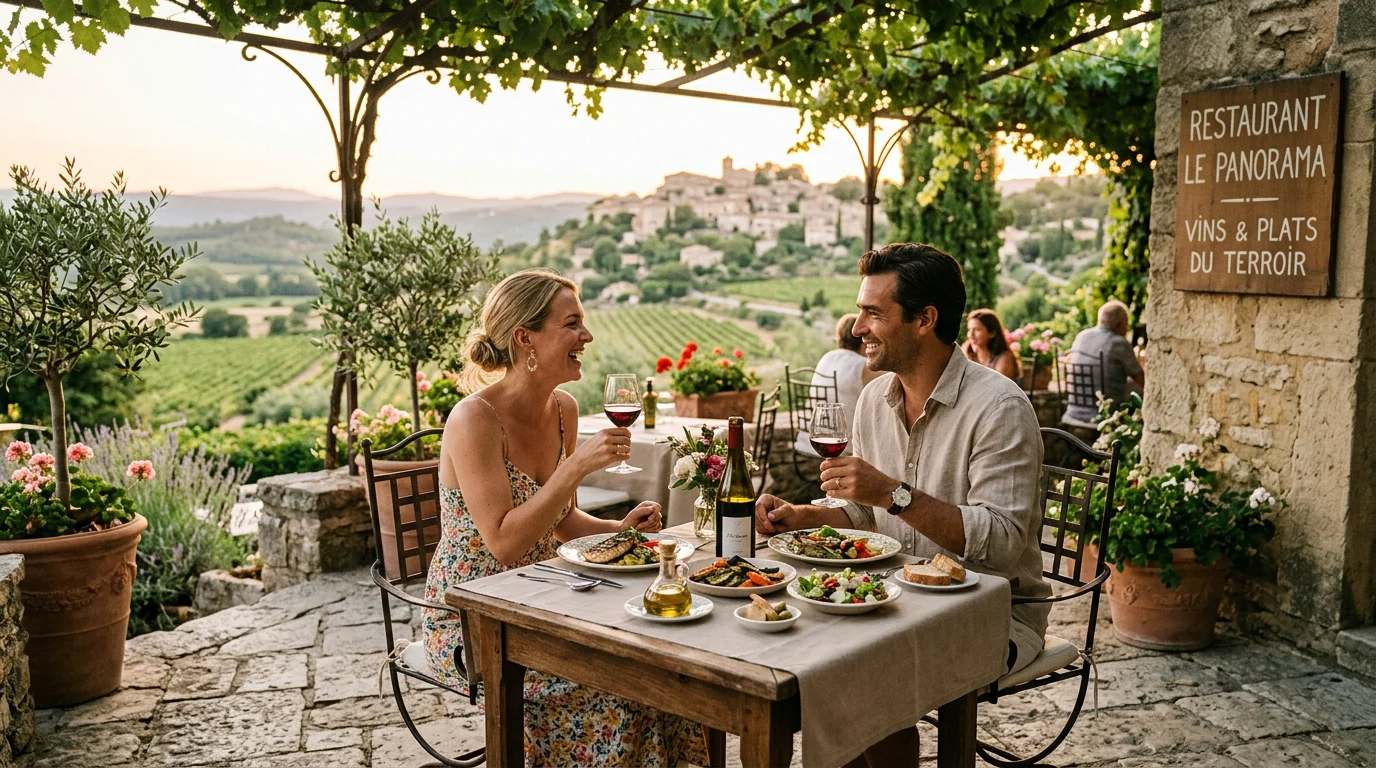 Couple dînant sur une terrasse provençale face aux vignes du Luberon