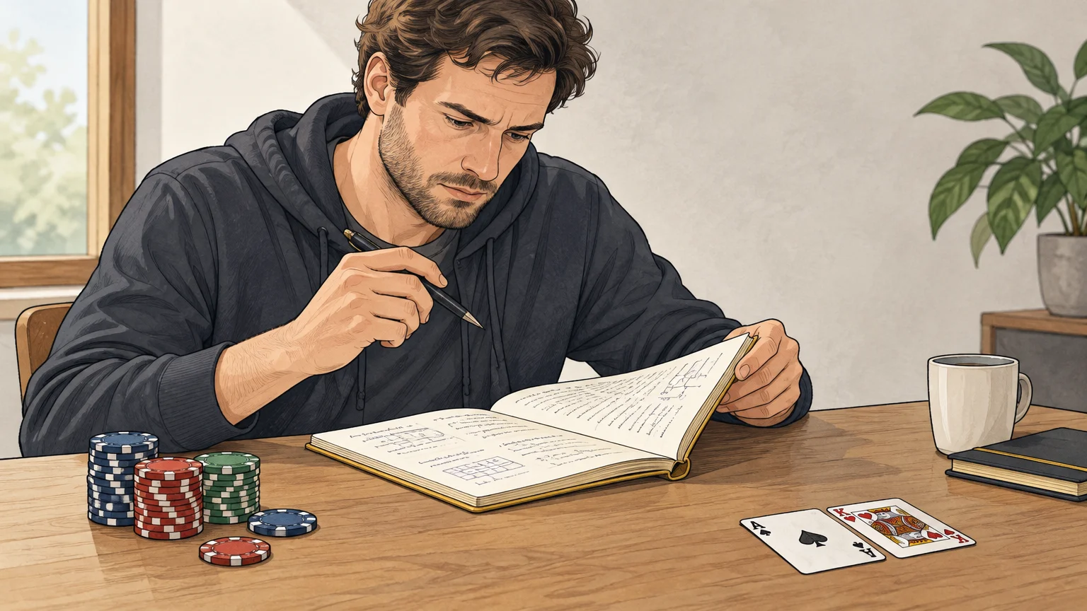 Une personne relit les notes d’une session de poker dans un carnet.