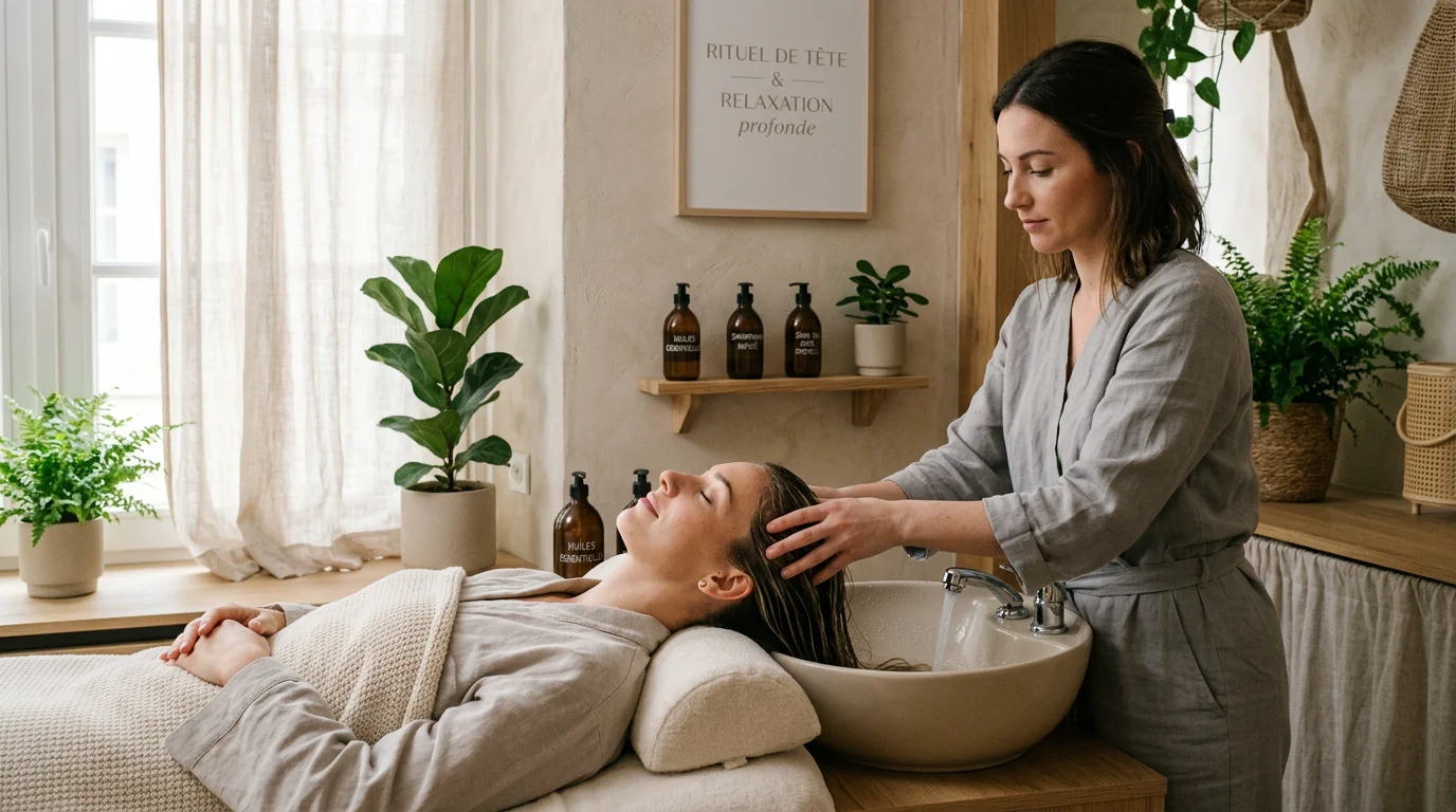 Séance de head spa relaxante dans un salon avec massage du cuir chevelu