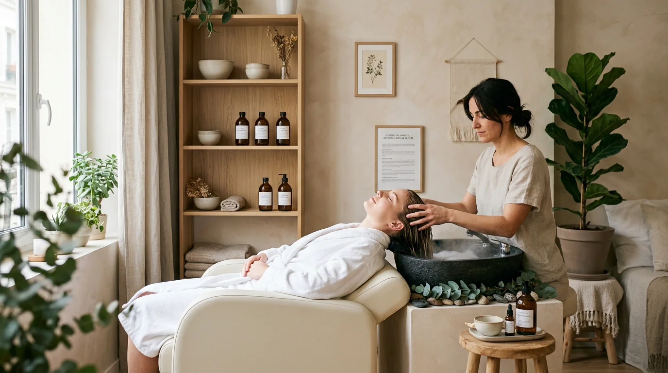 Espace head spa dans un salon moderne avec cliente en soin du cuir chevelu