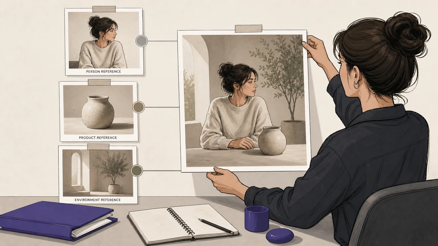 Creative professional organizing person, product, and environment references for image fusion