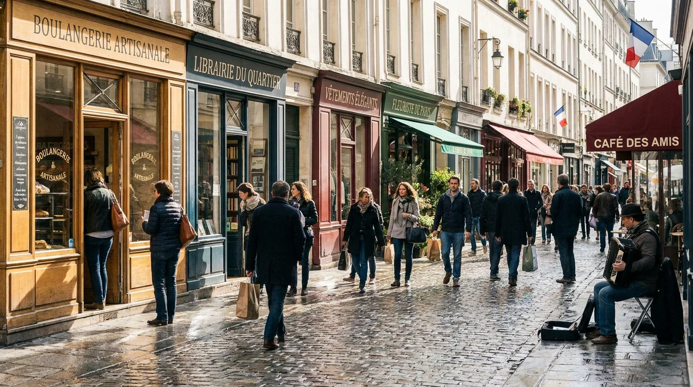 Rue commerçante animée à Paris un samedi avec magasins ouverts