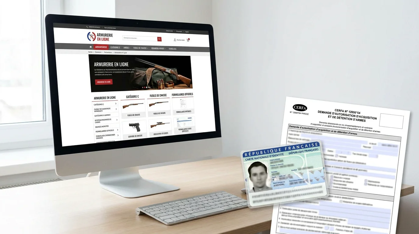 Écran affichant un site d'armurerie en ligne avec des documents administratifs français