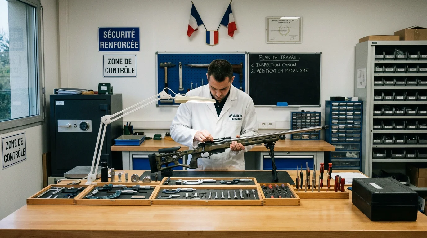 Atelier d'armurier professionnel avec technicien réalisant un diagnostic sur une arme