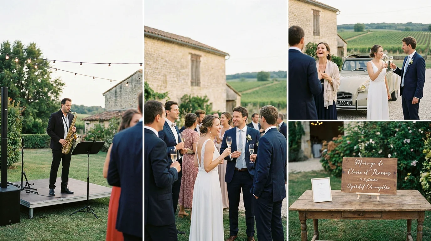 Saxophoniste jouant lors d'un cocktail de mariage en plein air en France