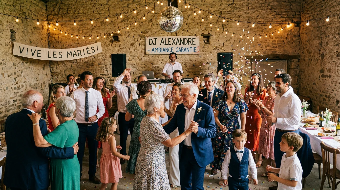Invités dansant sur la piste lors d'une soirée de mariage avec DJ