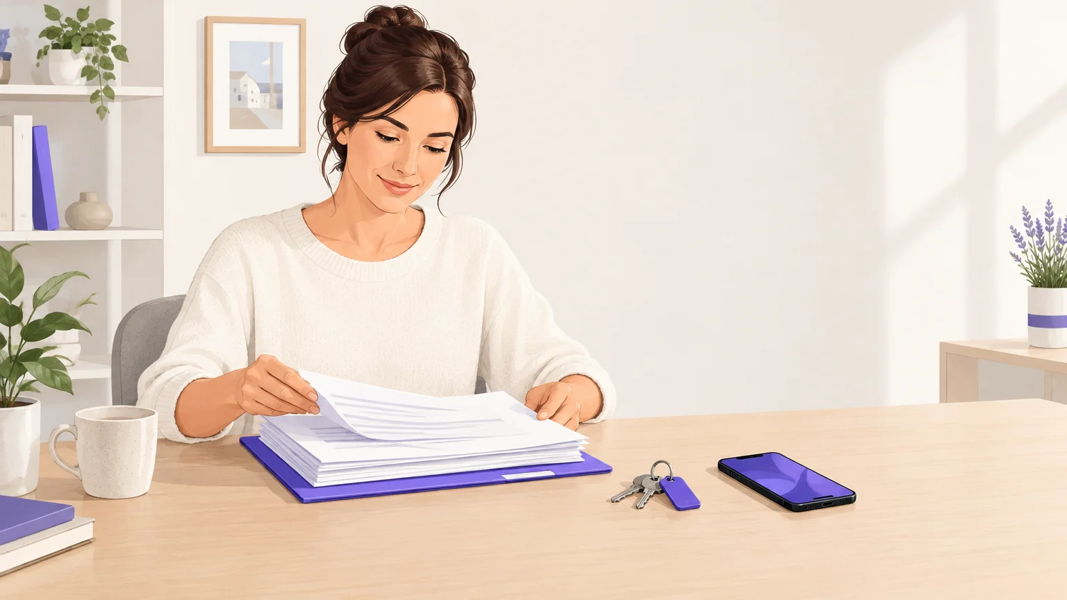 Illustration éditoriale d’une propriétaire bailleuse organisant ses documents locatifs à son bureau