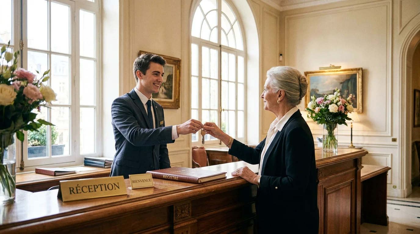 Jeune alternant à la réception d'un hôtel en France