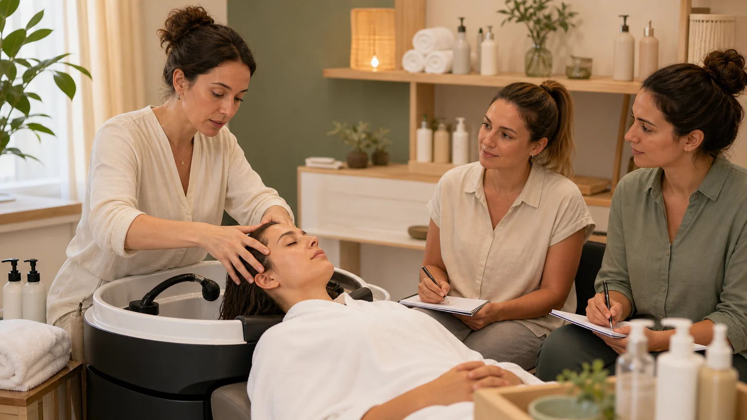 Démonstration pratique d’un massage du cuir chevelu pendant une formation Head Spa