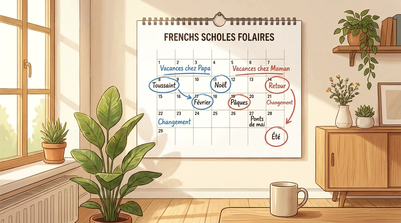 Calendrier de vacances scolaires avec répartition colorée entre deux parents en garde partagée