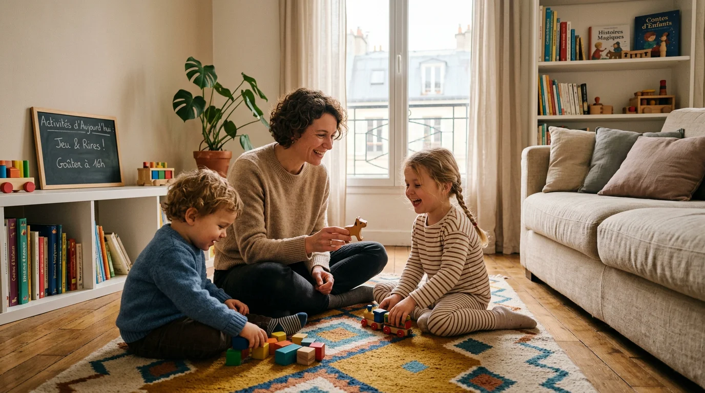 Nounou en garde partagée s'occupant de deux enfants dans un salon