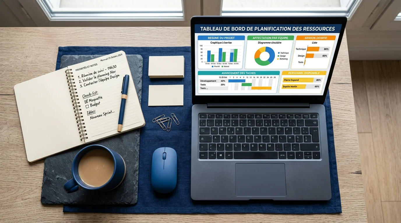 Bureau avec tableau de bord de plan de charge sur un ordinateur portable