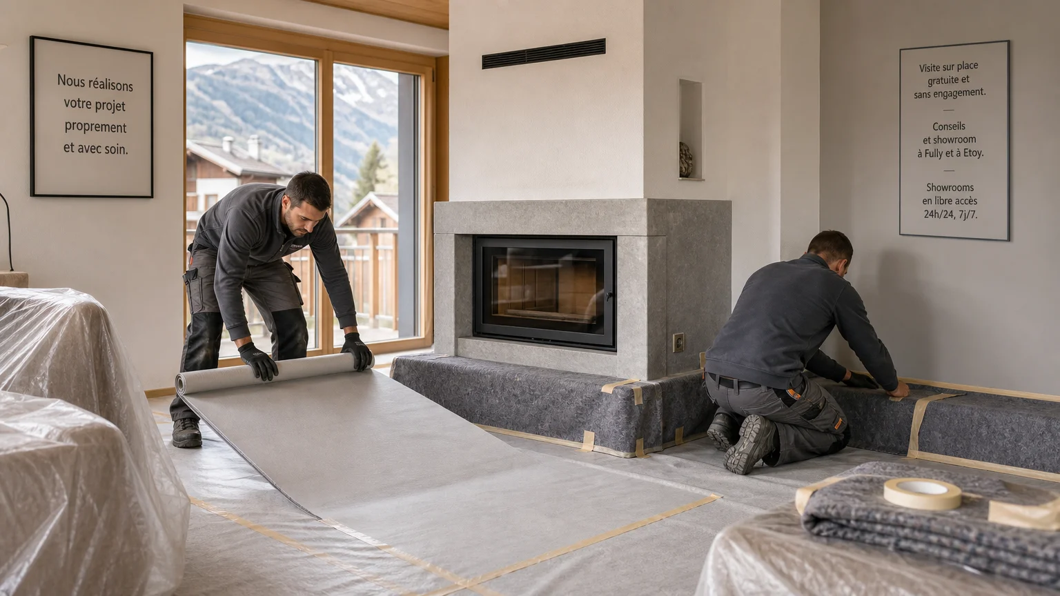 Installateurs protégeant l'intérieur pendant la remise en état d'une cheminée