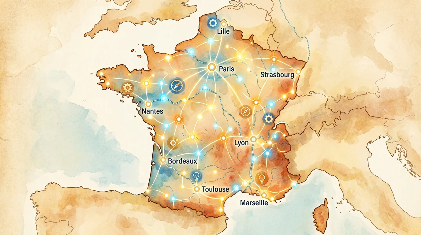 Carte de France illustrant des offres d'alternance géolocalisées dans plusieurs villes
