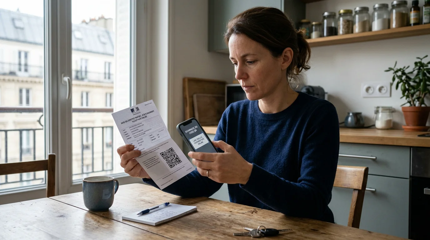 Automobiliste européen scannant le code-barres d'un avis d'amende avec son smartphone