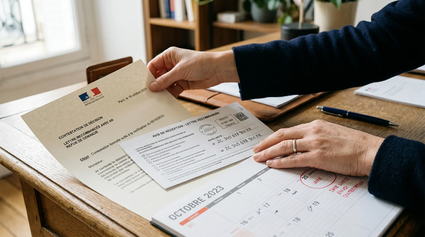 Préparation d'un dossier de contestation d'amende avec courrier et calendrier des délais