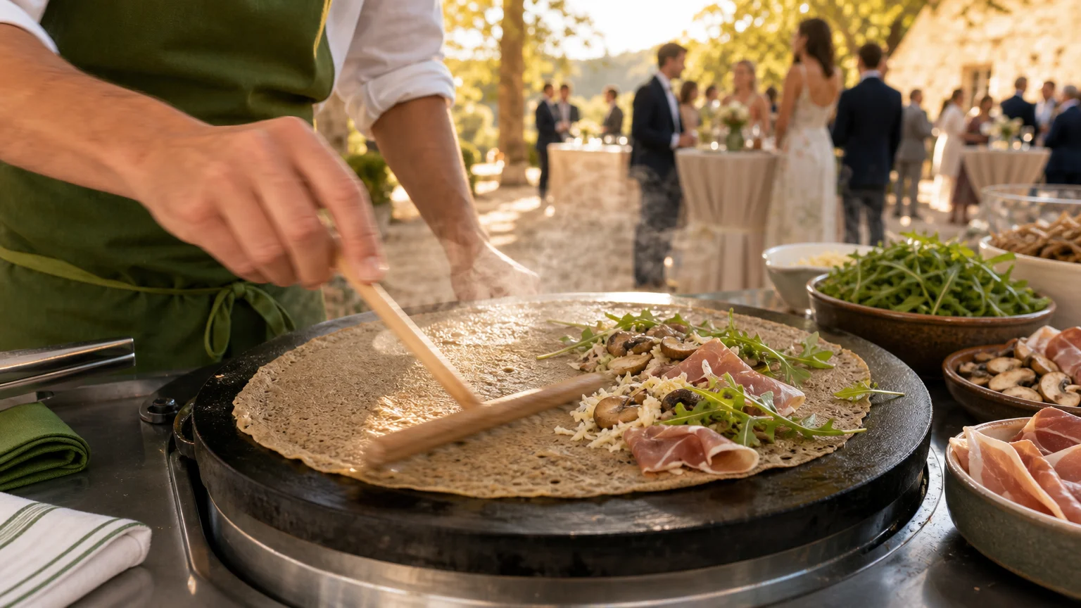 Préparation d’une galette de sarrasin à la minute pendant un mariage en Provence