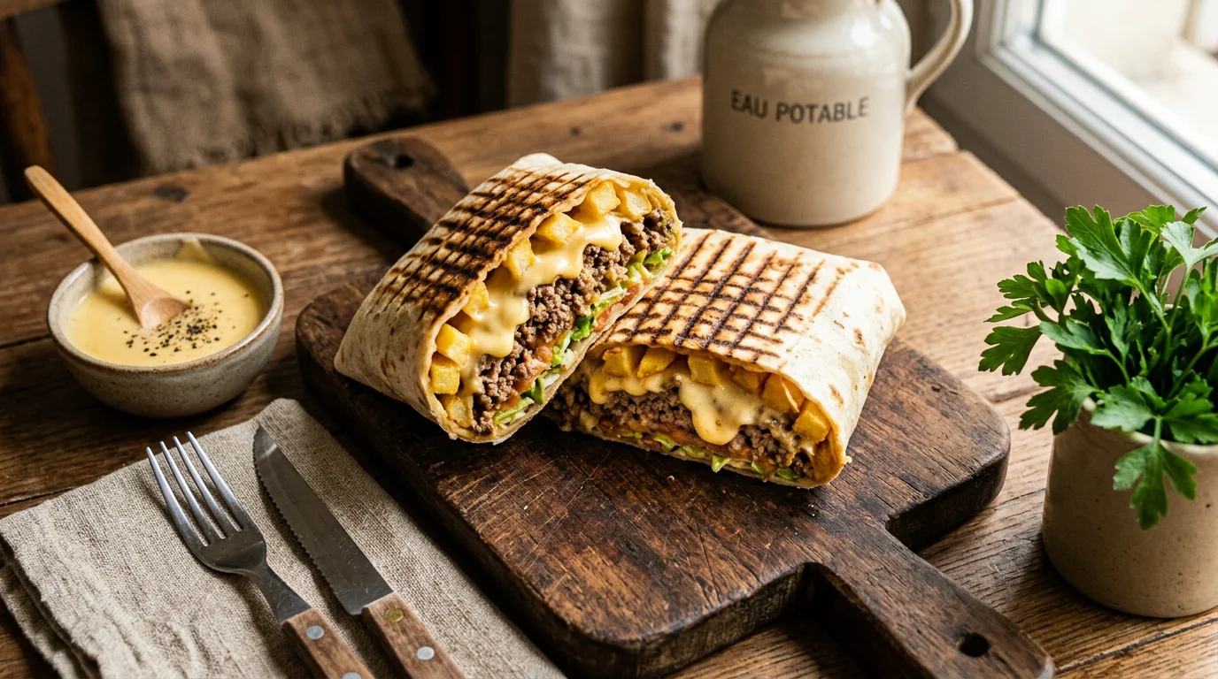 Tacos français maison coupé en deux révélant viande, frites et sauce fromagère