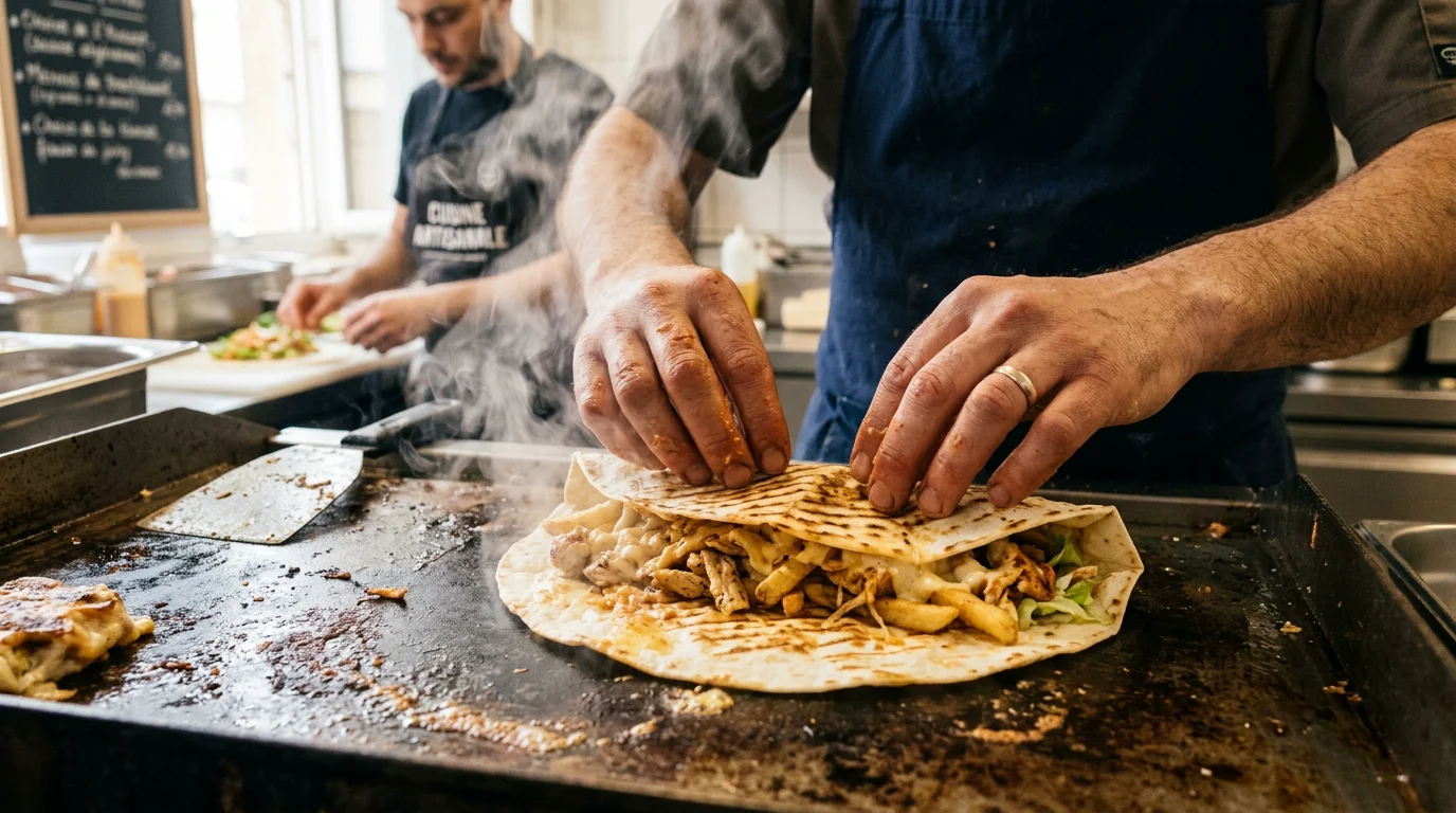 Pliage et cuisson d'un tacos français sur une plaque chaude
