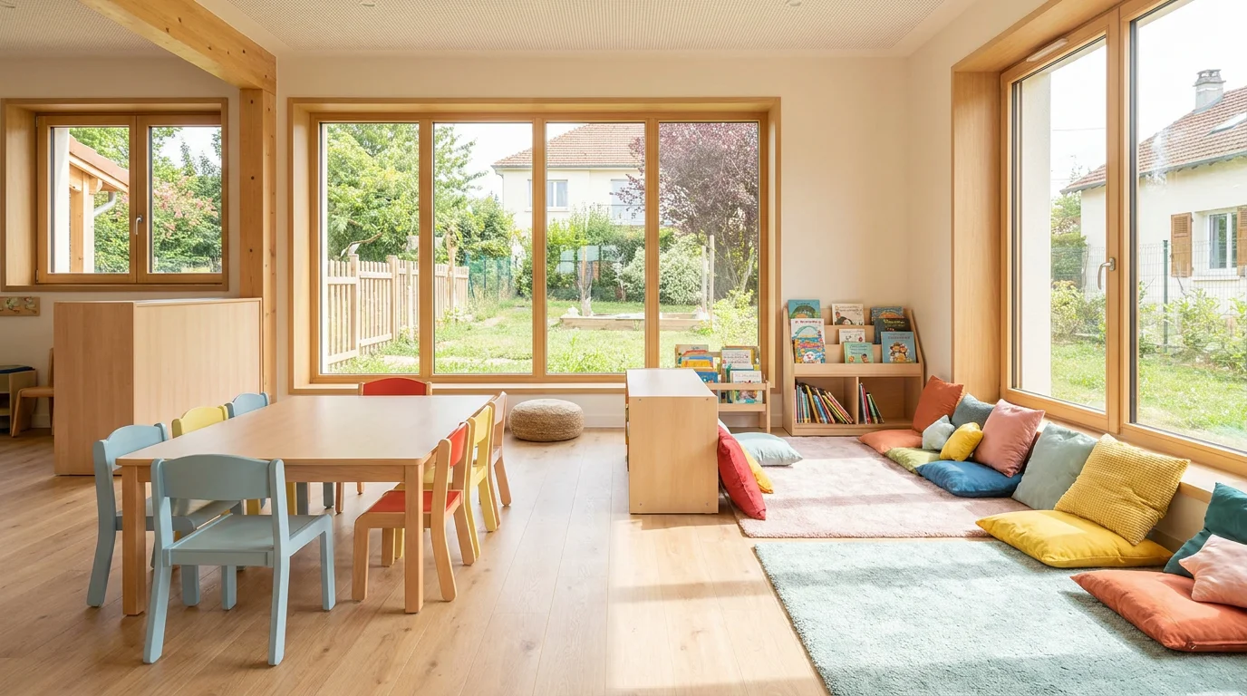 Espace d'accueil petite enfance aménagé avec du mobilier en bois adapté aux jeunes enfants