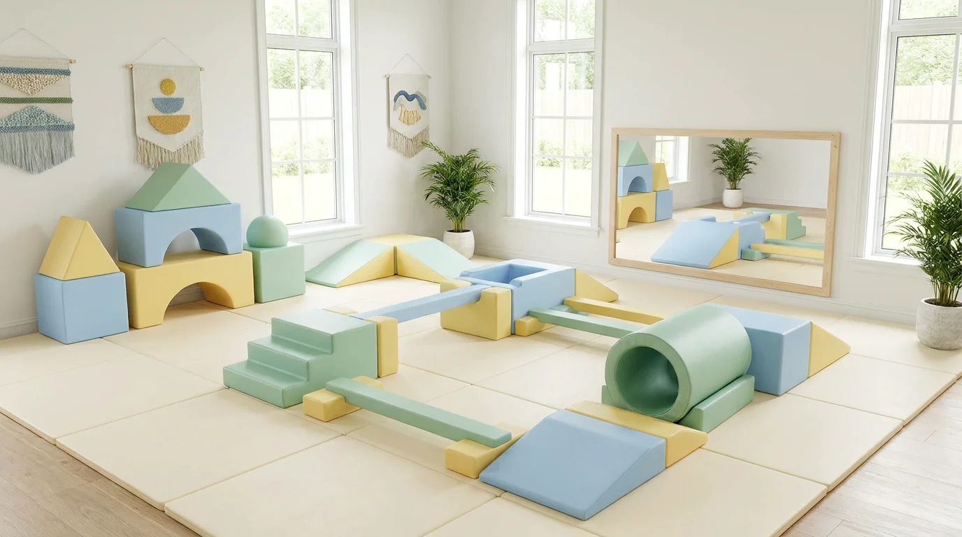Espace motricité en crèche avec modules en mousse colorés et parcours adapté aux tout-petits