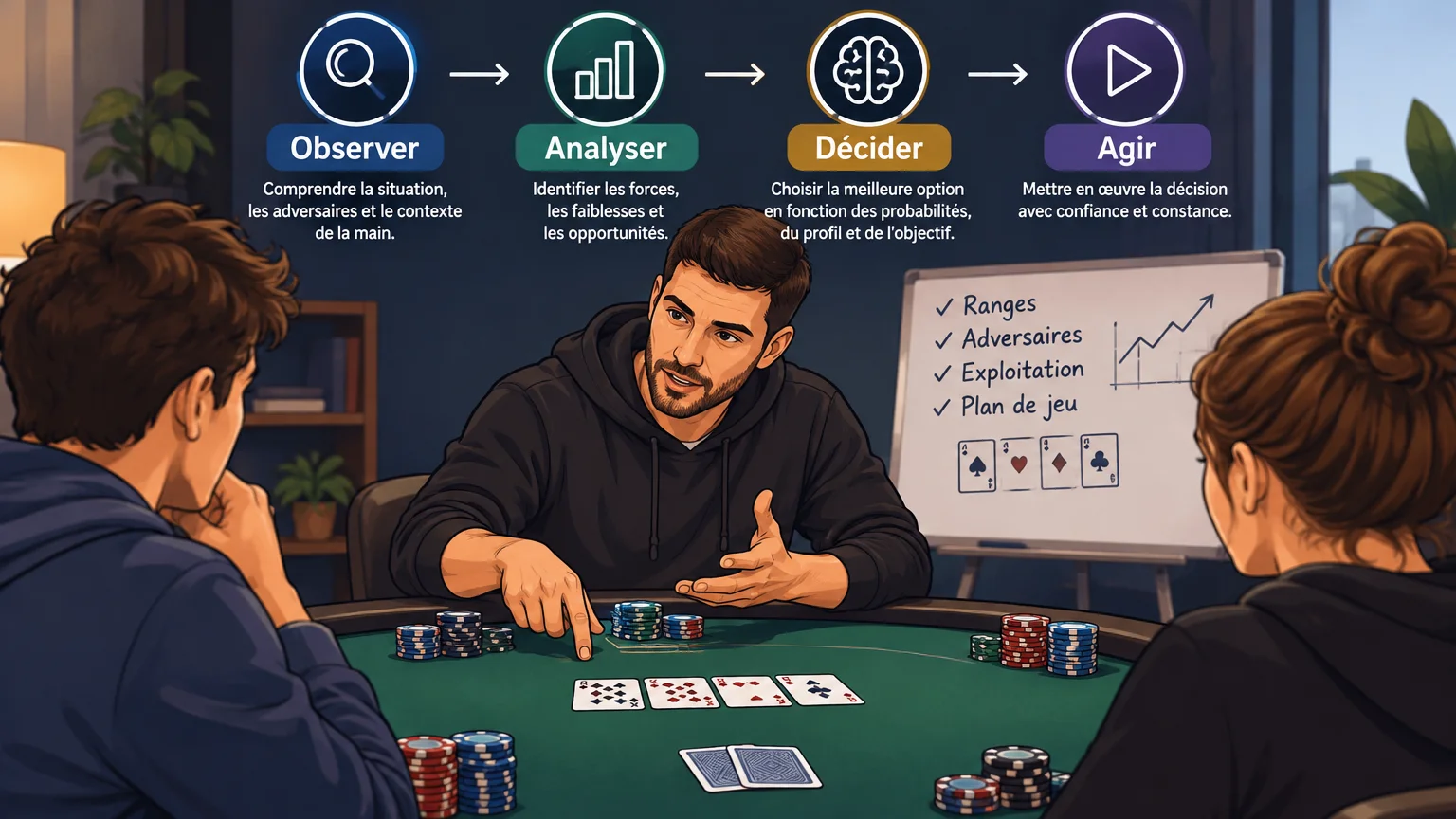 Illustrer les décisions et les actions à une table de poker dans la section sur le mentorat personnalisé.