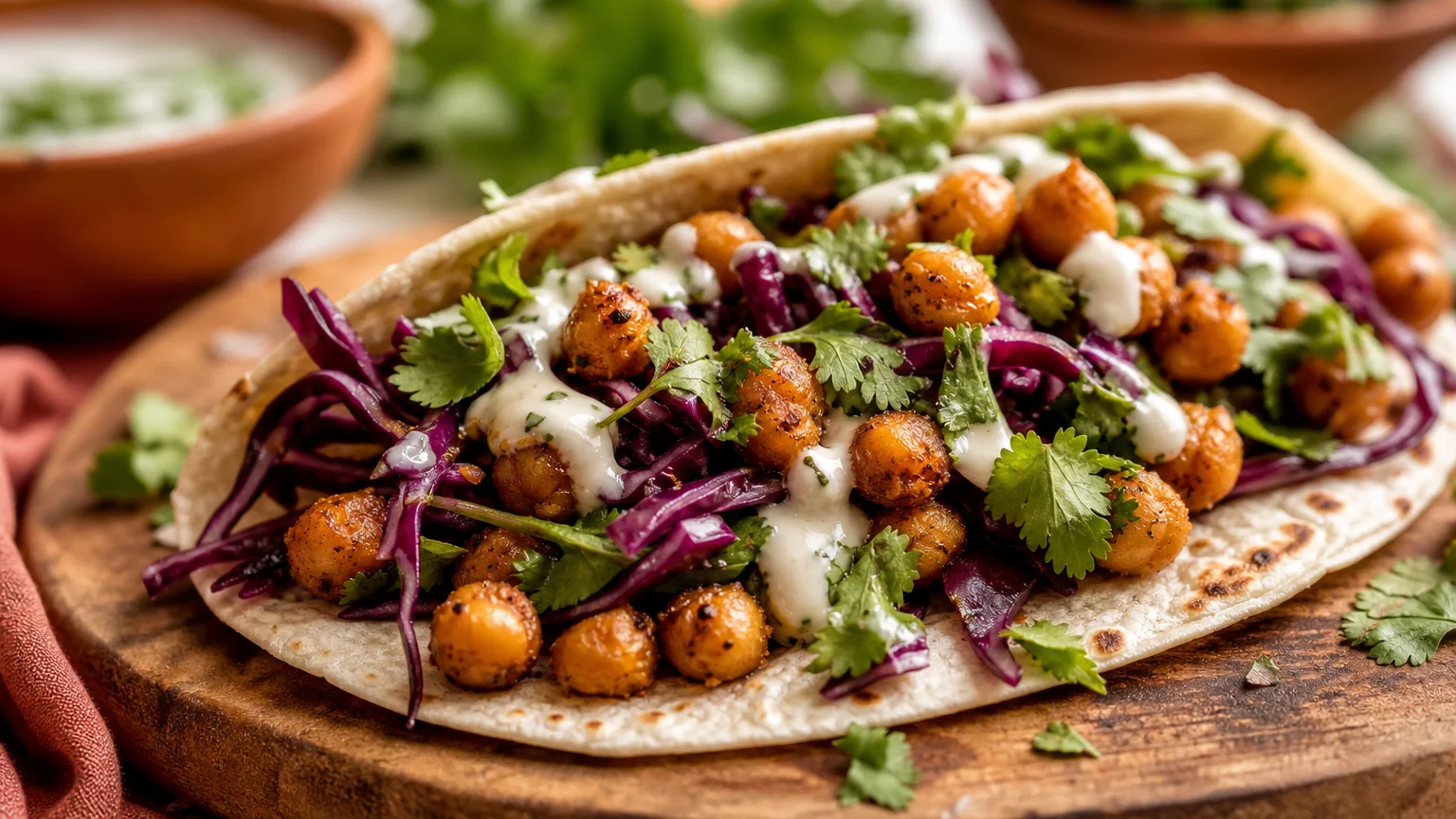 Tacos aux pois chiches rôtis garnis de chou rouge et de coriandre