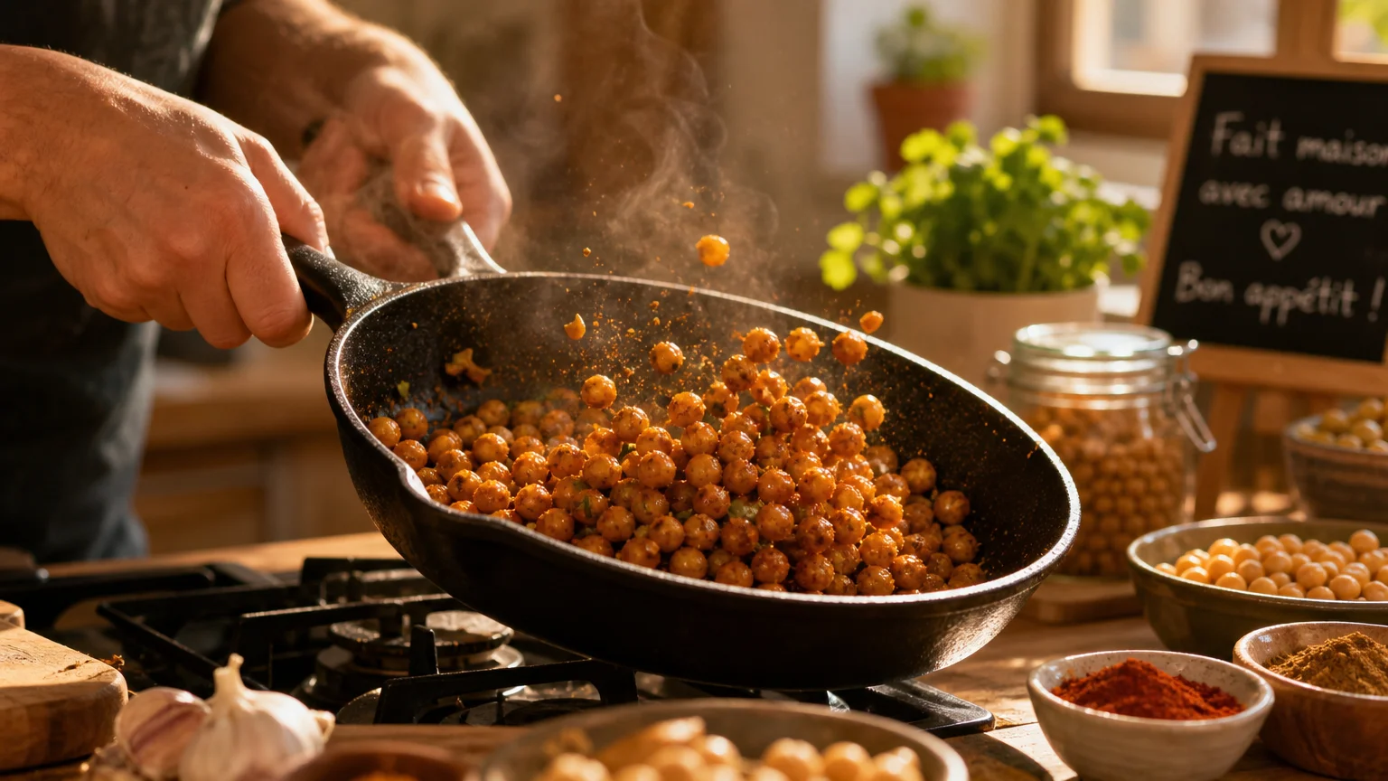 Pois chiches épicés dorant dans une poêle en fonte