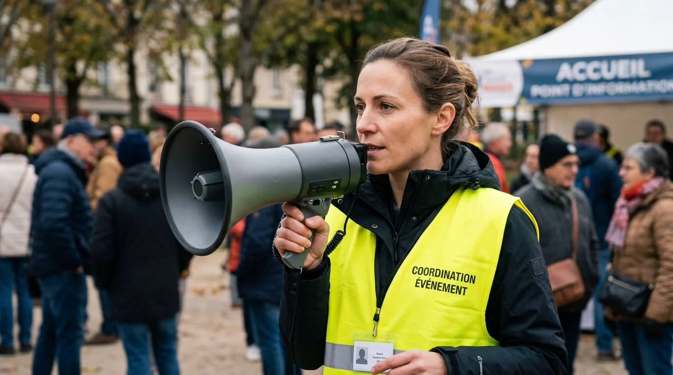 Coordinateur d'événement utilisant un porte-voix professionnel en extérieur
