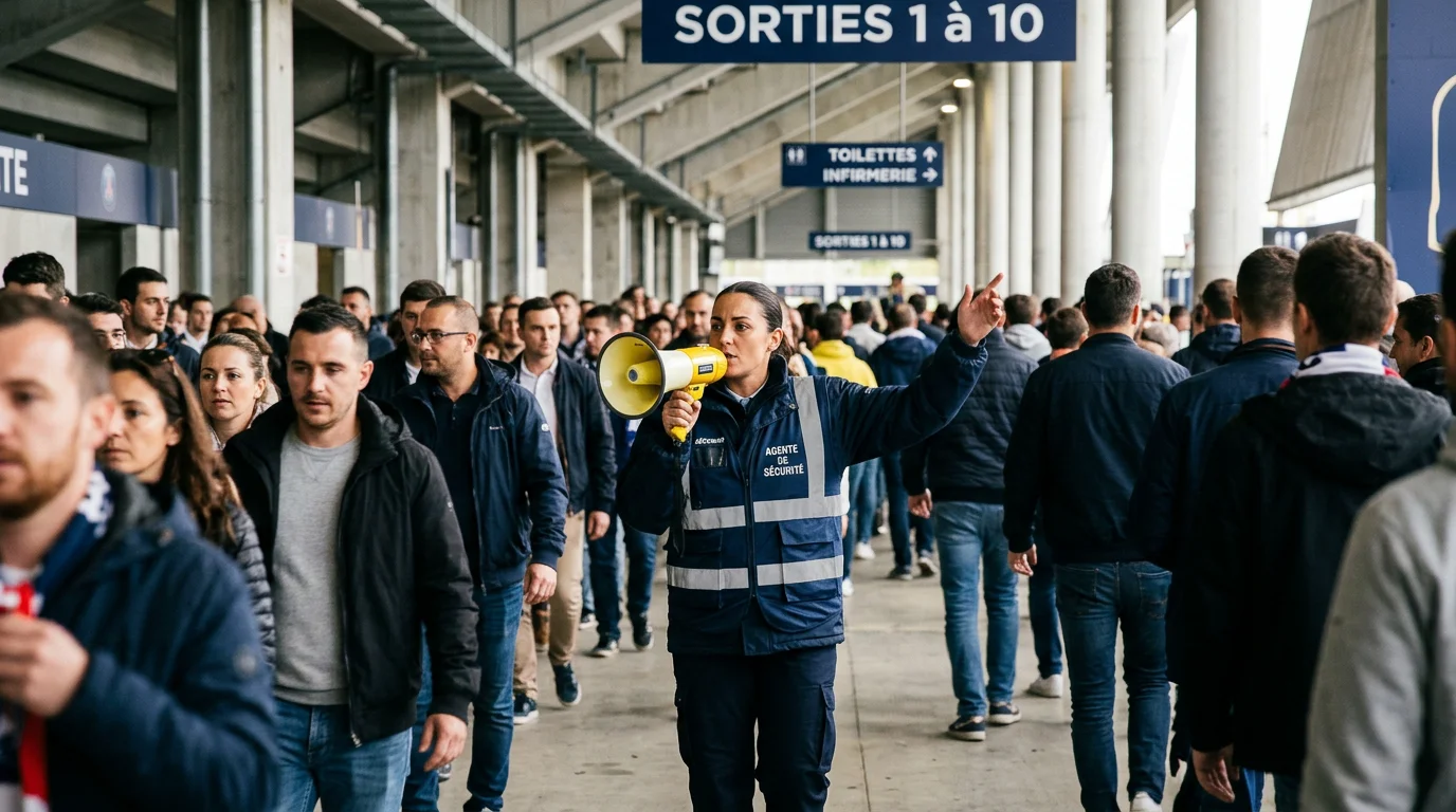 Agent de sécurité utilisant un porte-voix longue portée dans une enceinte sportive