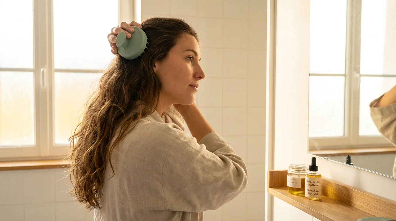 Application d'huile capillaire avec une brosse massante pour favoriser la pousse