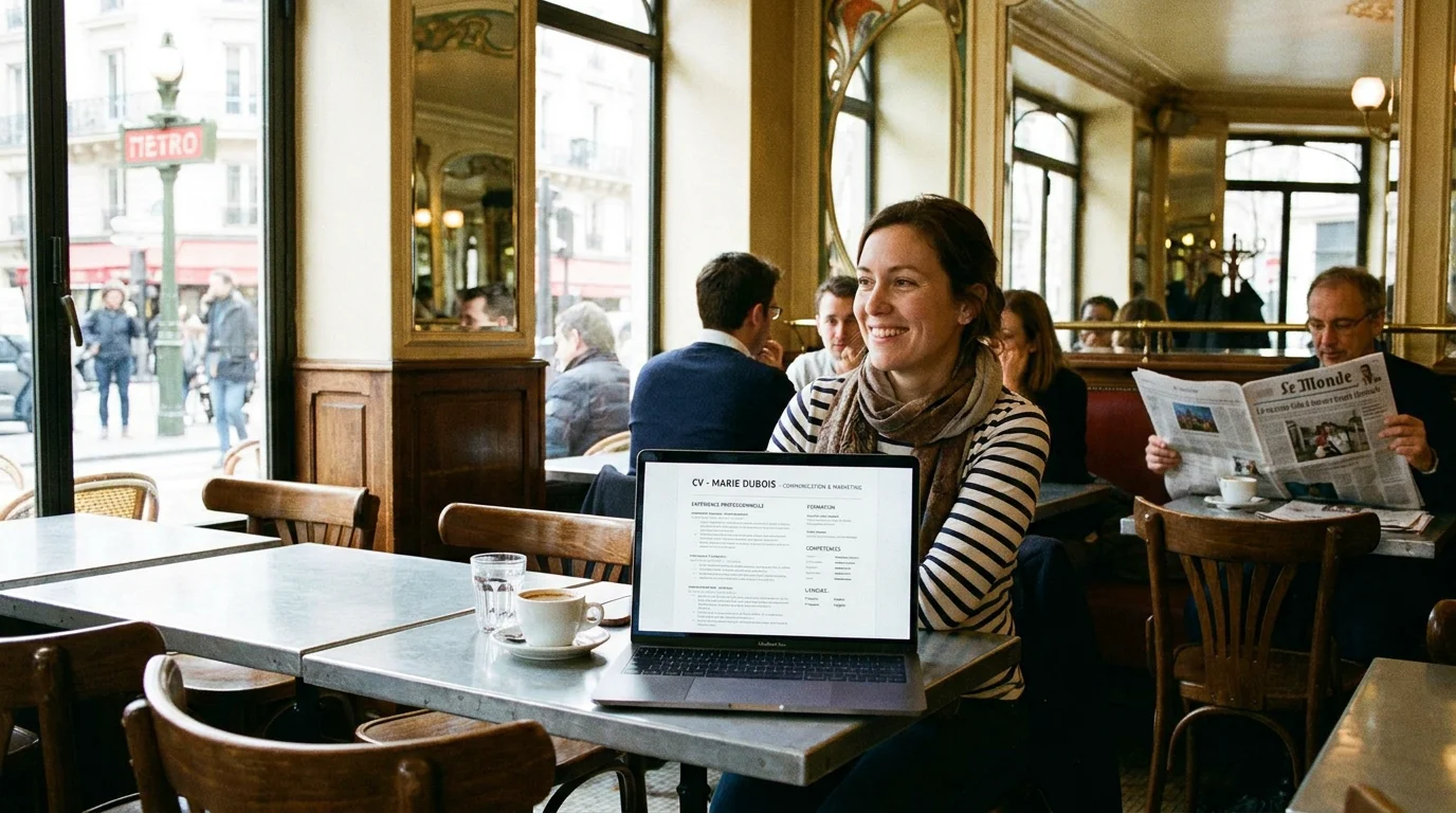 Personne préparant son CV pour un emploi à temps partiel dans un café parisien