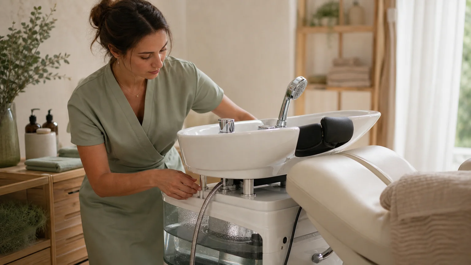 Praticienne vérifiant l’installation d’un équipement Head Spa professionnel