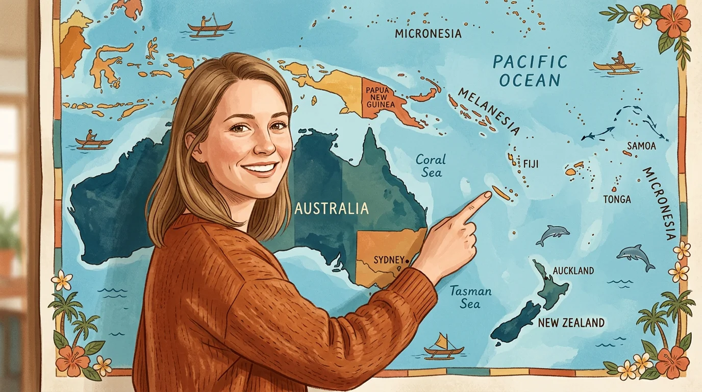 Person studying a map of the 14 countries of Oceania