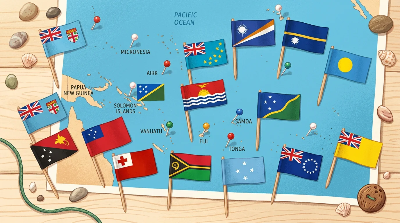 Flags and map pins representing Oceania countries laid out on a table