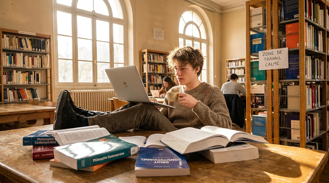 Étudiant travaillant sur son ordinateur portable dans une bibliothèque universitaire en France