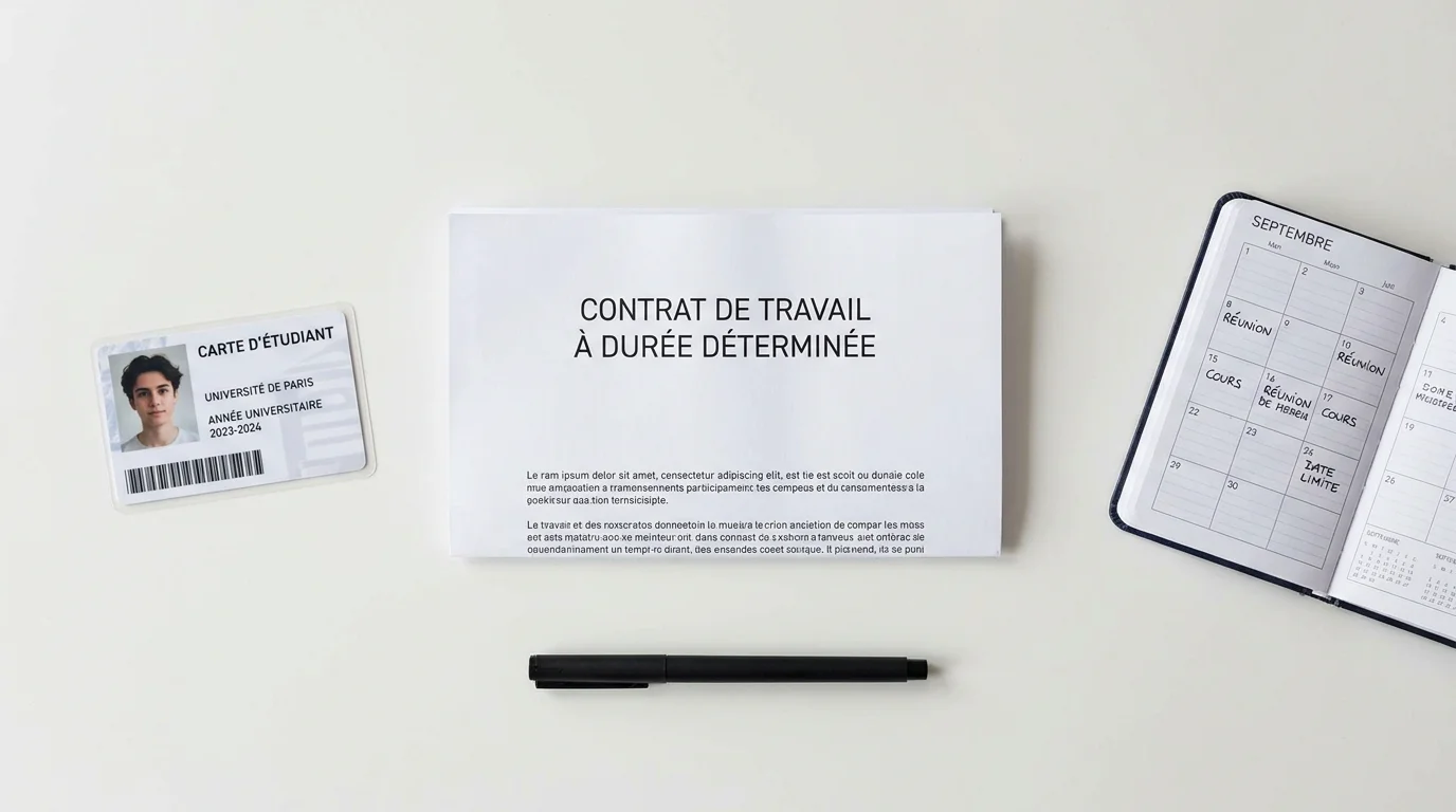 Contrat de travail étudiant posé sur un bureau avec carte étudiante et agenda