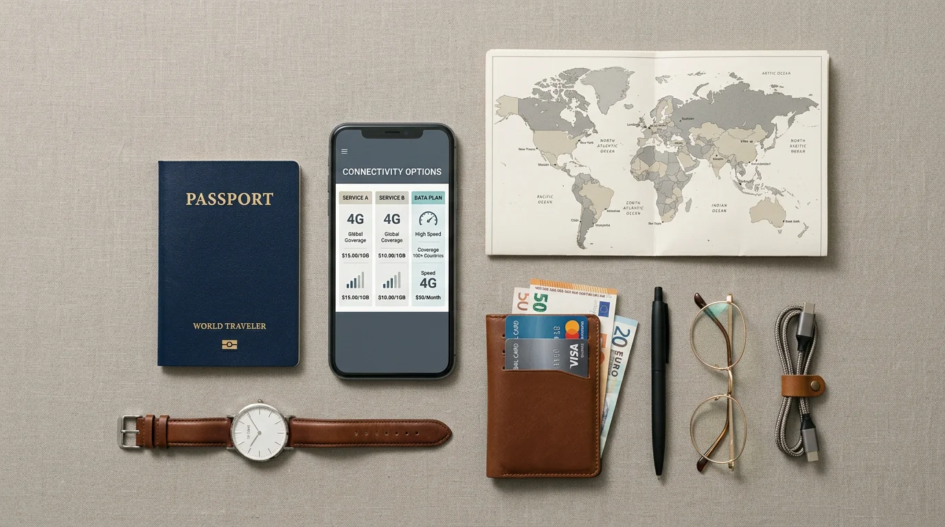 Flat lay of travel essentials and a smartphone used to compare international data plans