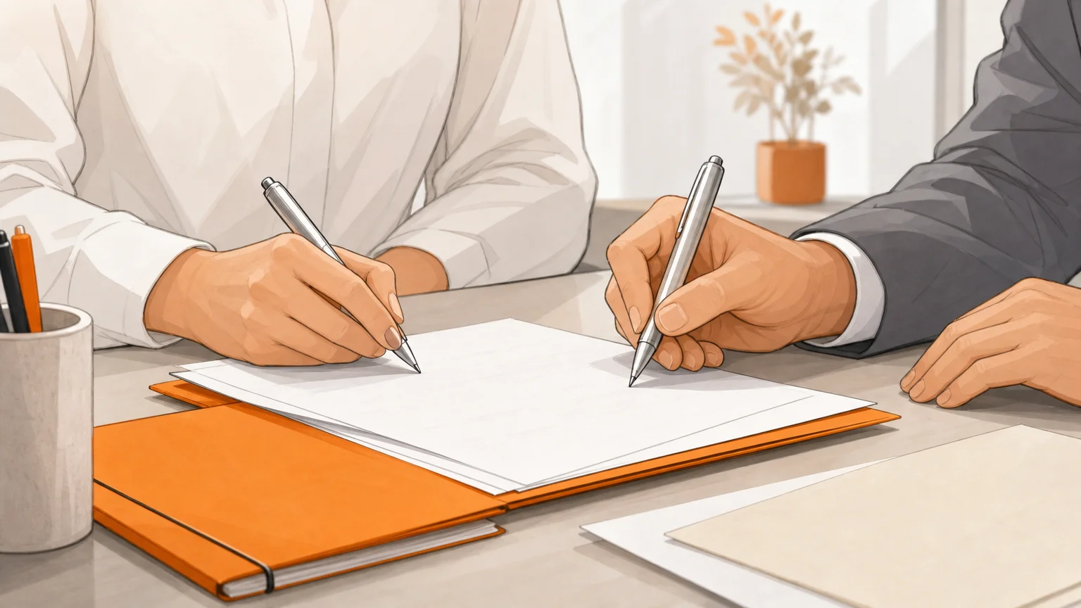 Gros plan sur des mains anonymes signant un document dans un bureau juridique