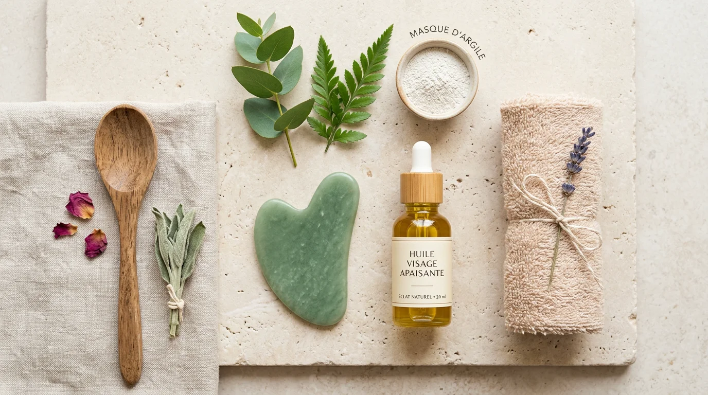 Accessoires naturels pour soin du visage disposés à plat